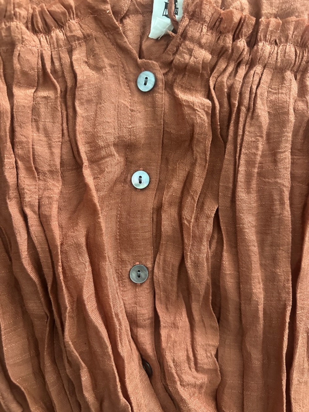 FLAWLESS Rust Maxi Dress V-Neck Ruffle Sleeves Gathered Waistline Button Front L - Picture 5 of 11